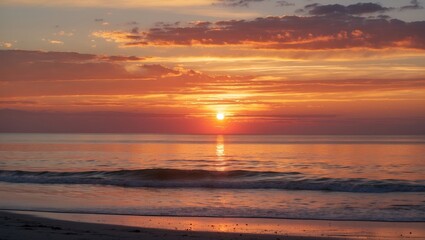 Naklejka premium Serene Sunset Over Calm Ocean With Vivid Hues Of Gold, Orange And Pink Creating A Tranquil Atmosphere As Day Transitions To Night.