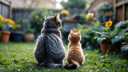 Mother Cat and Ginger Kitten Relaxing Together in a Lush Garden Surrounded by Colorful Flowers and Green Grass from the Back View