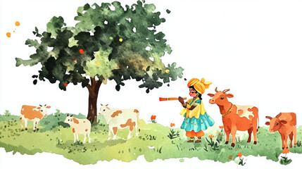 Naklejka premium India watercolor, A vibrant image of Lord Krishna playing an instrument, blending traditional art with modern digital enhancement in high fidelity.