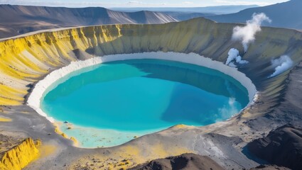 Aerial View Of A Vibrant Turquoise Crater Lake Surrounded By Sulfuric Deposits And Volcanic Rock Formations Ideal For Nature Themes
