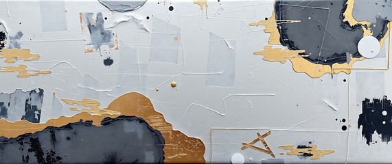 A mixed-media artwork depicting a stylish background with  textured layers of acrylic paint and metallic leaf accents in shades of silver and bronze, with  an abstract expression.