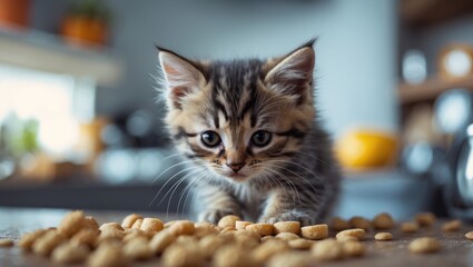 Playful kitten exploring scattered cat food in a cozy kitchen setting, showcasing curiosity and hunger in a delightful domestic environment.