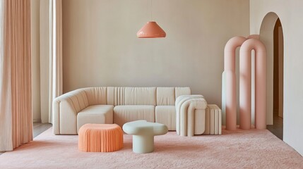 Modern Living Room Interior Design; Pastel Colors; Minimalist Furniture; Display