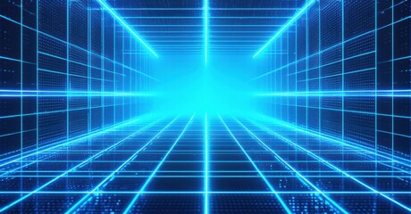 Obraz premium A futuristic grid, glowing faintly with soft blue neon light, stretches into the distance, creating a sense of infinite depth and motion