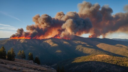 Dramatic Wildfire Raging Through Mountainous Terrain With Thick Smoke Billowing Across the Horizon During Sunset Hours