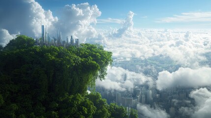 Fototapeta premium A lush, green landscape rises above the clouds, showcasing a futuristic city skyline amidst a bright blue sky and fluffy white clouds.