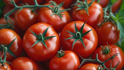 Vibrant Close Up of Fresh Red Tomatoes with Green Stems Highlighting Their Freshness and Nutrition for Culinary and Healthy Living Themes
