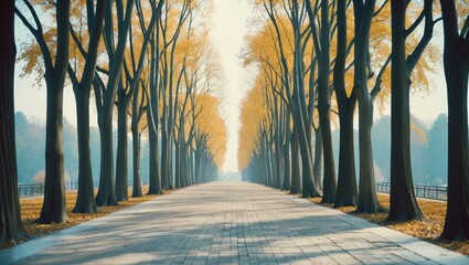 Autumn Walkway Surrounded By Vibrant Trees In Focus Leading To A Softly Blurred Forest In The Background With Space For Text Overlay