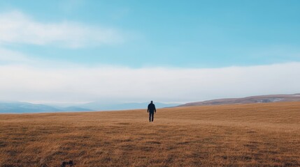 Man walks alone across vast autumnal plains, mountains in distance; peaceful travel landscape