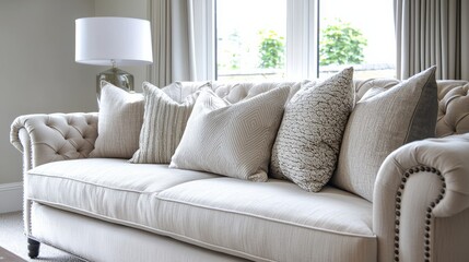 A stylish beige sofa adorned with patterned cushions, set against a backdrop of large windows and soft drapes, creating a cozy and inviting living space.