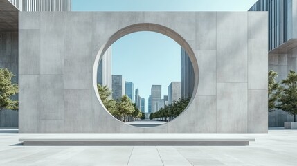 Cityscape view through circular window, modern architecture, urban park setting, background for product display