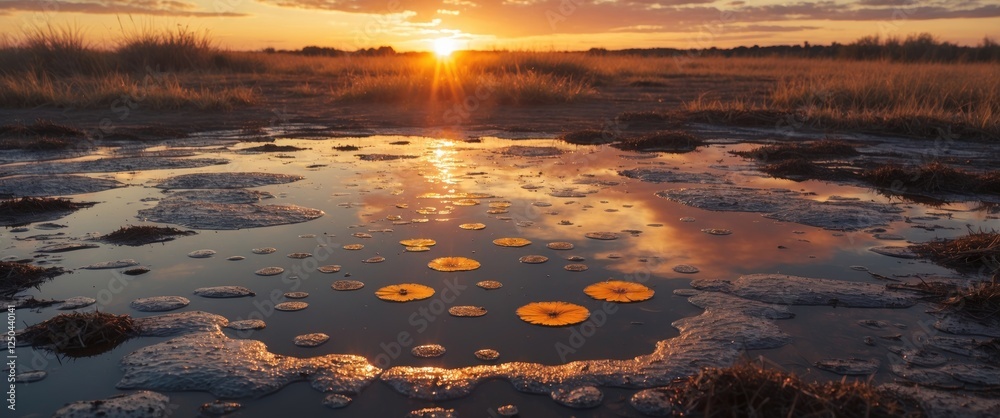Sticker sunset reflection in a calm puddle surrounded by golden grass creating a serene natural landscape at