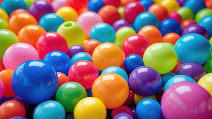A close-up of a colorful assortment of glossy plastic balls in various vibrant hues creating a playful and festive atmosphere.