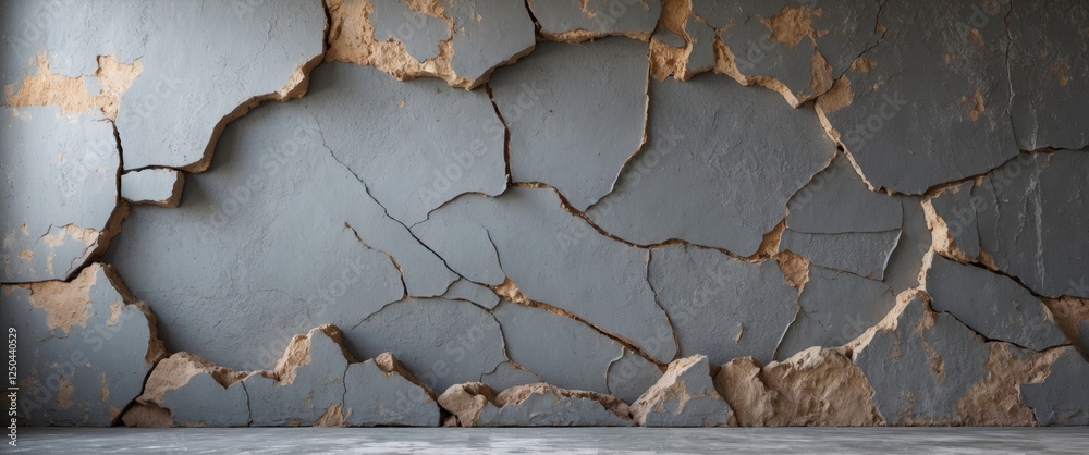 Poster Cracked gray wall with peeling paint showcasing texture and depth for interior design or restoration projects.