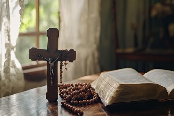Wooden cross and rosary on a table by an open window