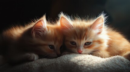 Two adorable orange kittens snuggle closely together, their soft fur illuminated in warm light, showcasing their peaceful and playful nature.