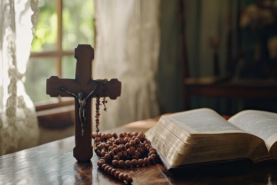 Wooden cross and rosary on a table by an open window