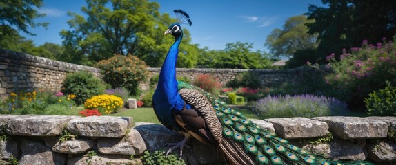 Naklejka premium Majestic Peacock Perched on a Stone Wall Surrounded by Lush Garden Blooms and Verdant Foliage Under a Clear Blue Sky