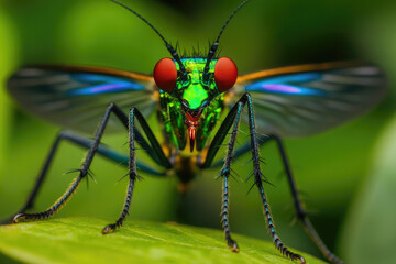 Fototapeta premium Jewel-toned fly macro, rainforest leaf, vibrant background, nature poster