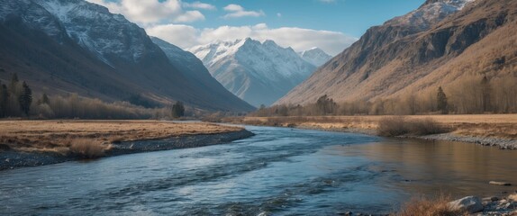Serene Mountain Landscape with River and Snow-Capped Peaks Offering Space for Text and Design Elements