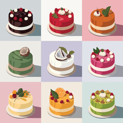 A 3x3 Grid of Nine Exquisite Cakes with Unique Frostings