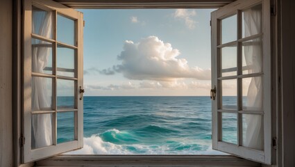 Ocean View Through Open Window with Soft Waves and Dramatic Clouds at Sunset