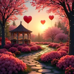 A serene path lined with vibrant pink flowers leads to a charming gazebo nestled in the greenery. 