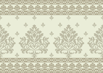 Seamless vintage floral damask pattern with border and geometric ornament design. Vector illustration.