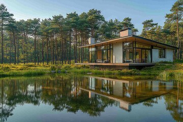 Obraz premium Modern lakeside cabin in serene pine forest reflecting in calm water at sunrise