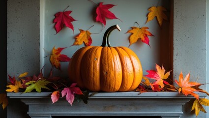 Vibrant orange pumpkin on a mantel adorned with colorful autumn leaves creating a warm and cozy fall atmosphere.