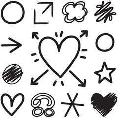 Line arrow hand drawn shape brush underline stroke element vector set. Hand drawn doodle sketch arrow, circle, star brush stroke scribble underline icon. Marker doodle heart vector illustration.