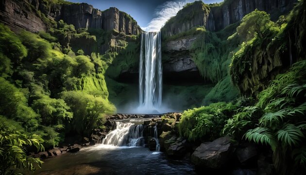 A powerful waterfall cascading down a rocky cliff face surrounded by dense green rainforest foliage