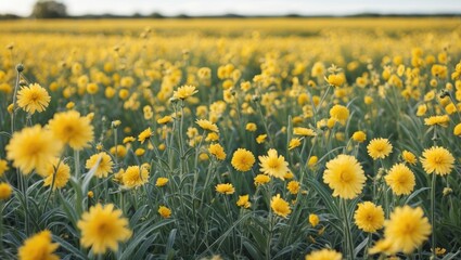 Obraz premium Vibrant Field of Yellow Flowers with Lush Green Foliage and Space for Text Overlay Perfect for Seasonal Backgrounds and Marketing Material