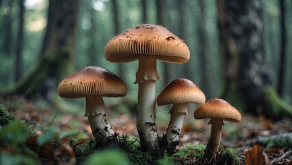 Closeup of vibrant mushrooms in a serene forest setting showcasing nature's details and textures in a tranquil atmosphere.