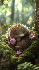 Obraz premium Peaceful Hedgehog Listening to Music in a Lush Forest