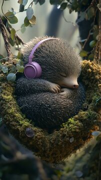 Peaceful Echidna Listening to Music in a Mossy Nest