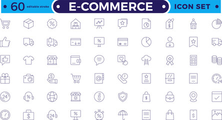 E-commerce outline icon set. Online shopping and delivery. E-Commerce set of in-line style. for mobile apps. Business, shop, digital marketing, bank card, gifts, sale. Editable stroke outline icon.