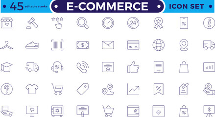 E-commerce outline icon set. Online shopping and delivery. E-Commerce set of in-line style. for mobile apps. Business, shop, digital marketing, bank card, gifts, sale. Editable stroke outline icon.