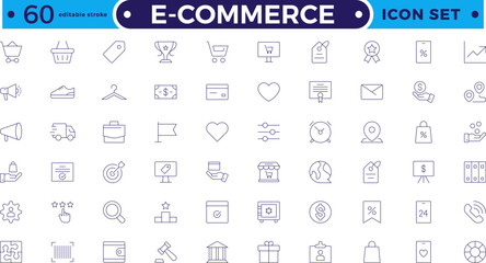 E-commerce outline icon set. Online shopping and delivery. E-Commerce set of in-line style. for mobile apps. Business, shop, digital marketing, bank card, gifts, sale. Editable stroke outline icon.