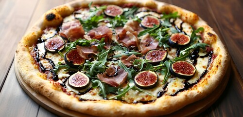 A gourmet pizza with figs, prosciutto, and arugula on a crispy crust with a swirl of balsamic glaze
