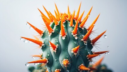 Vibrant cactus with striking orange spines and water droplets on thorns against a blurred white background showcasing natural beauty.