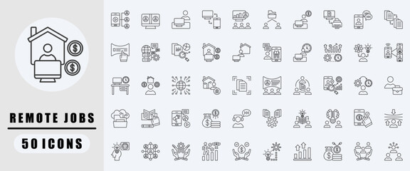 Remote Jobs outline icon set. Covers Video Conference, Virtual Meeting, Remote Worker, Remote Access, Online Presentation, Files Exchange, freelancer. Simple vector illustration.