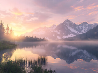 A serene mountain lake at sunrise