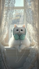 Fluffy White Cat Listening to Music in a Sunny Window
