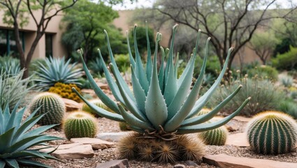 Fototapeta premium Desert Garden Featuring Agave Americana Cactus Surrounded by Succulents and Cacti in a Lush Botanic Landscape