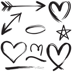 Line arrow hand drawn shape brush underline stroke element vector set. Hand drawn doodle sketch arrow, circle, star brush stroke scribble underline icon. Marker doodle heart vector illustration.