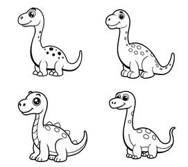 Cute dinosaur coloring page set with 4 cartoon brontosaurus characters, friendly prehistoric animal line art collection in EPS format, adorable long neck dino sketches for kids activity books. © MH MAHFUZ  design