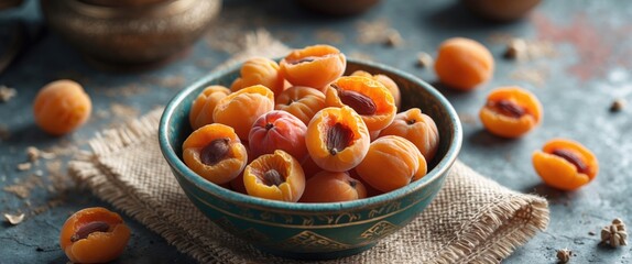 Bowl of sun-dried Central Asian wild apricots on rustic background showcasing healthy snack options with vibrant colors and textures.