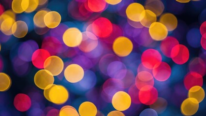 Colorful bokeh lights in vibrant yellow, red, purple, and blue creating an abstract background for artistic or festive themes.