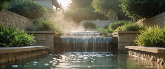 Fototapeta premium Stunning pondless waterfall cascading through a beautifully landscaped suburban backyard with lush greenery and serene ambiance.